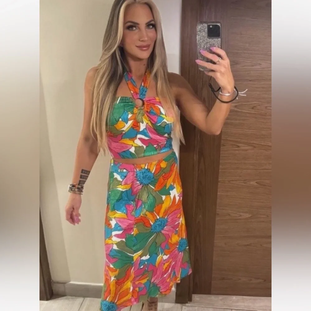 Rachel Zoe Floral Matching Set | Resort Vacation Skirt & Halter Top | Colorful